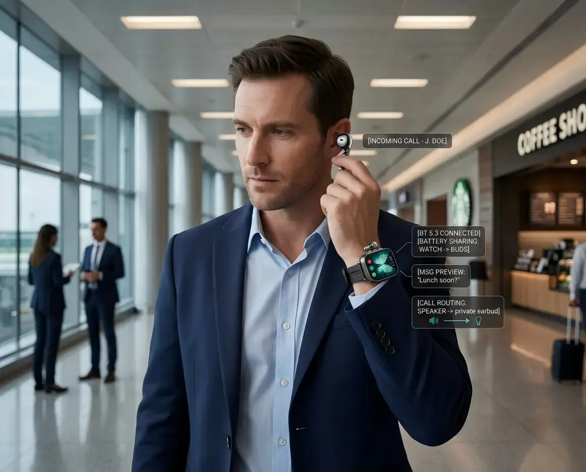 Worker switching from 2 in 1 watch call to earbud call.