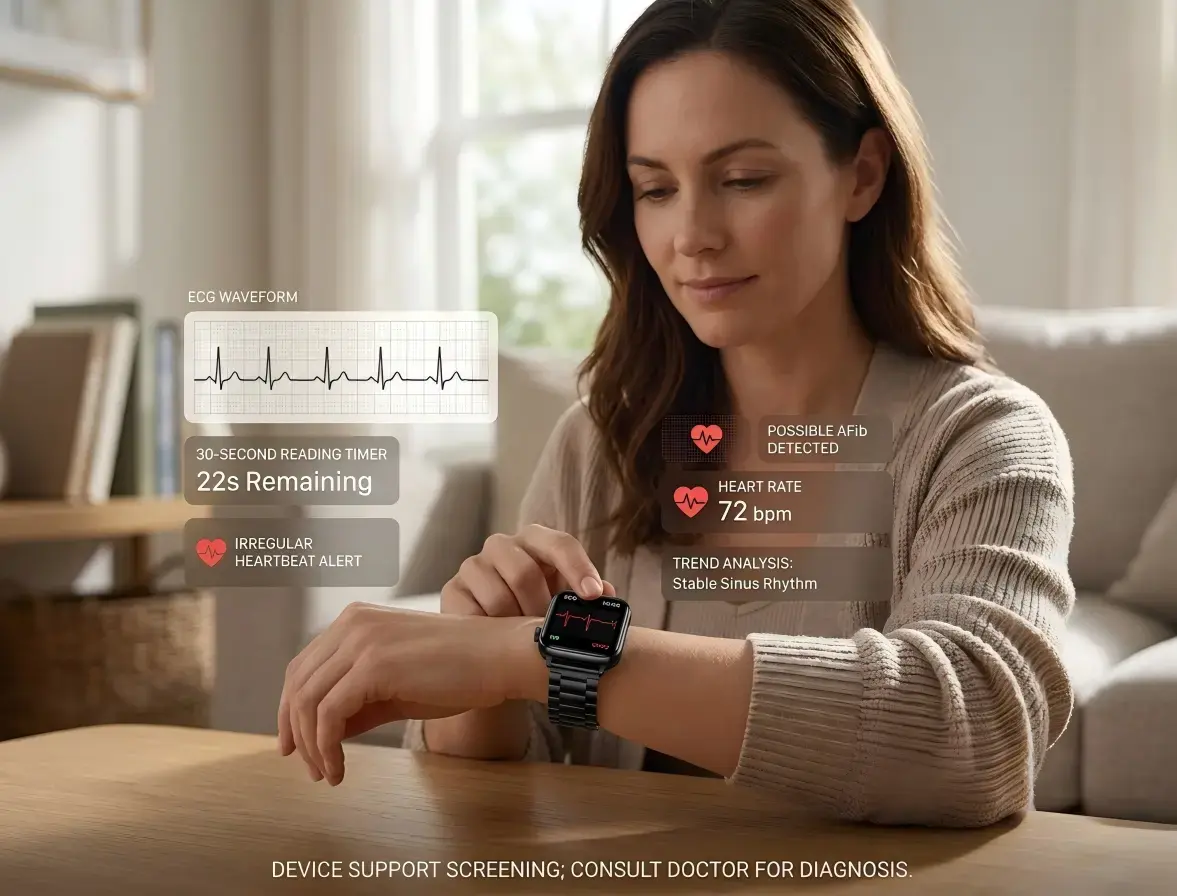 User recording ECG rhythm on smartwatch.