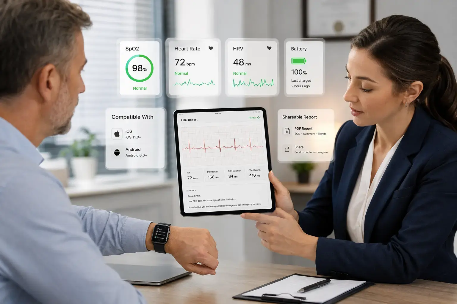 Clinician reviewing ECG Sport smartwatch data.
