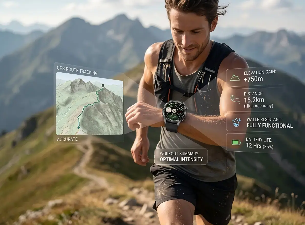 Cyclist using smartwatch GPS tracking outdoors. Cyclist using smartwatch GPS tracking outdoors.
