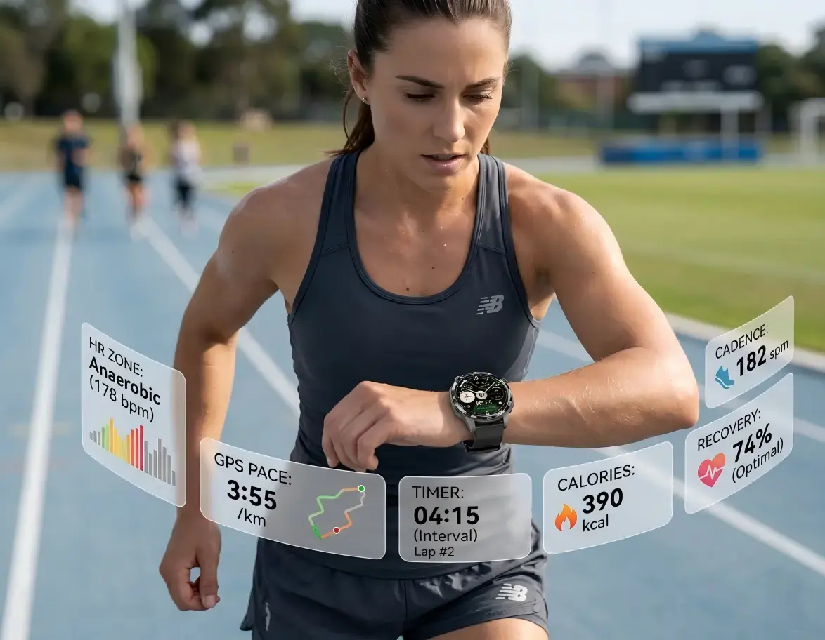 Athlete checking heart rate and pace data. Athlete checking heart rate and pace data.