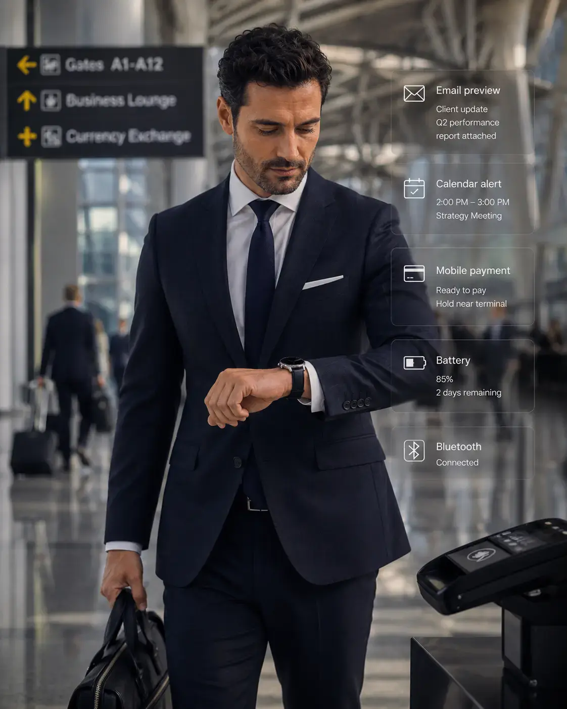 Business traveler using watch for email and payment. Business traveler using watch for email and payment.