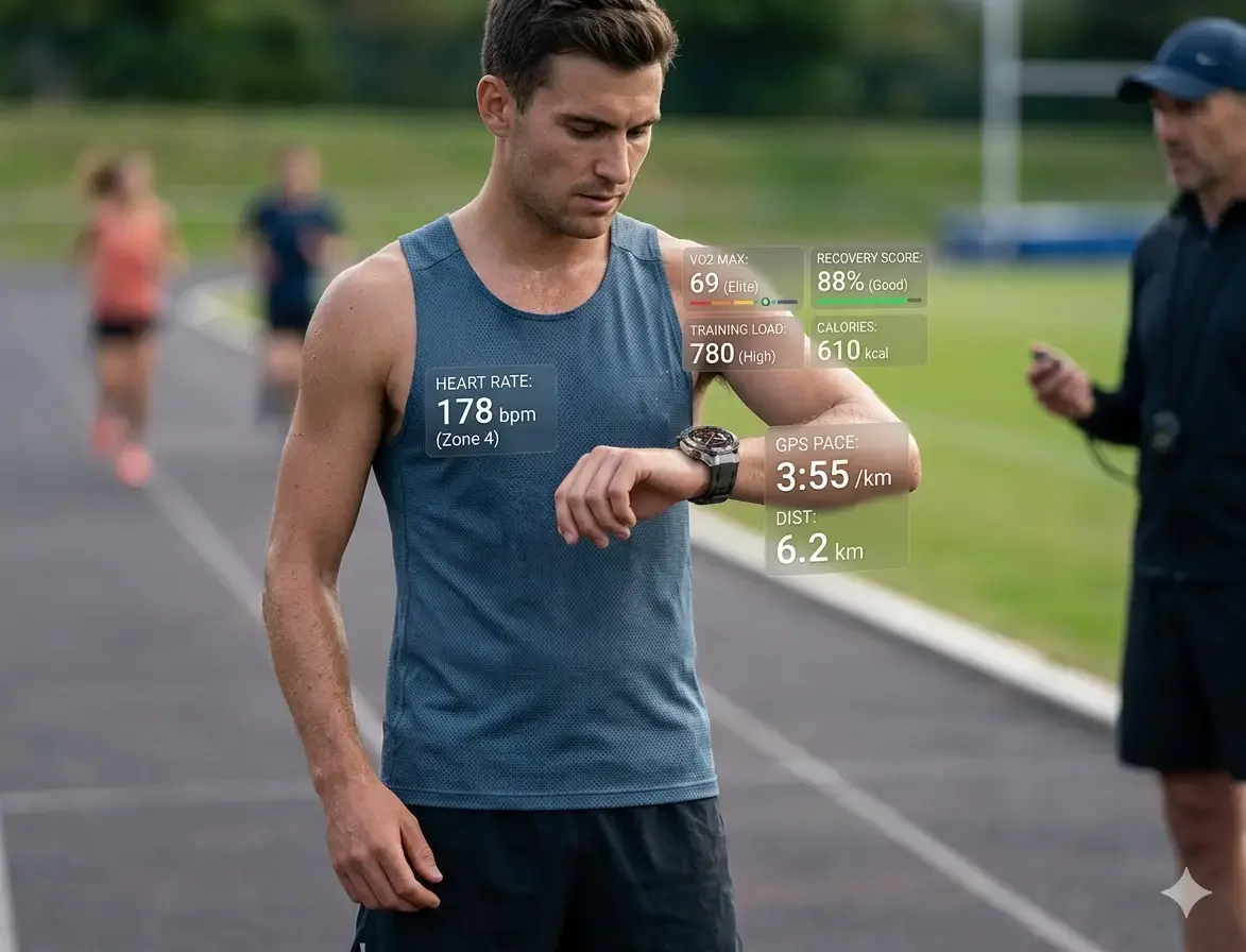 Runner checking heart rate and pace data. Runner checking heart rate and pace data.
