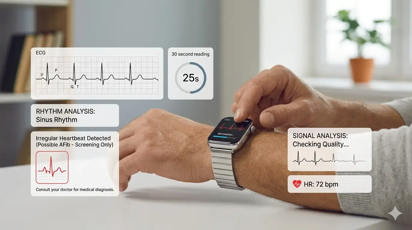User recording ECG rhythm on smartwatch.