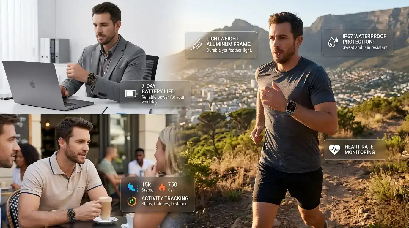Premium aluminum smartwatch used in daily lifestyle and fitness scenarios.