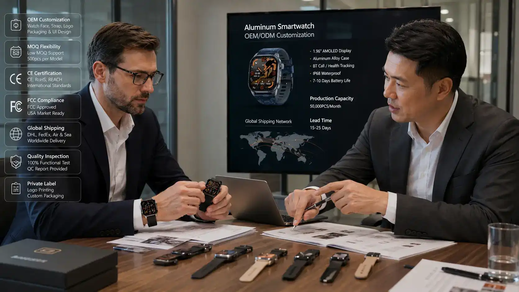 Global smartwatch sourcing and OEM manufacturing partnership meeting.