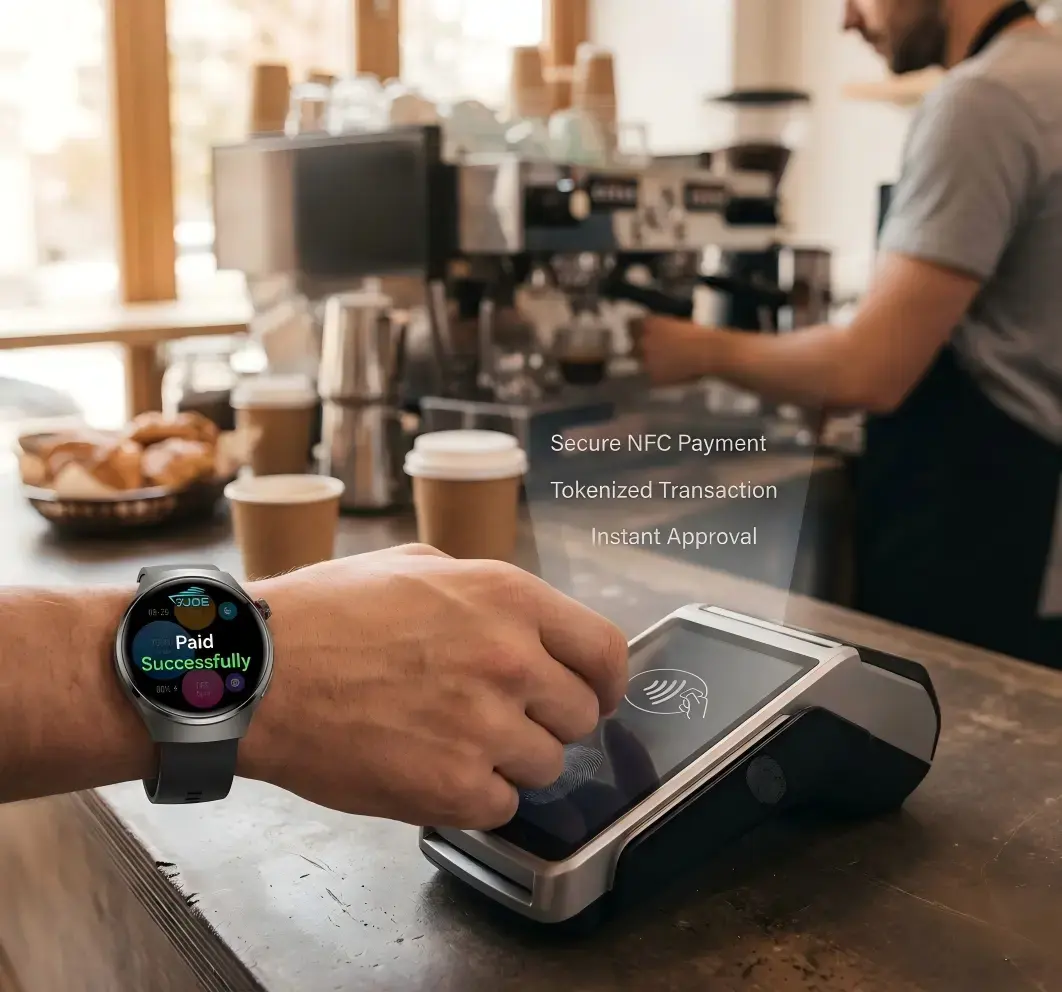 A smartwatch uses NFC to complete a contactless payment transaction at a coffee shop