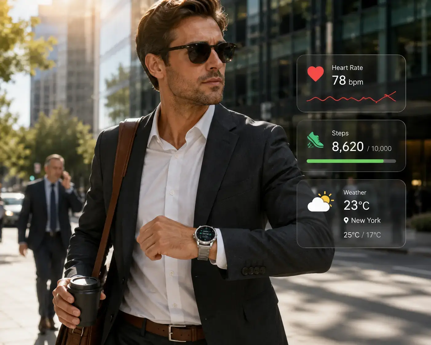 Professional wearing a stainless steel smartwatch outdoors