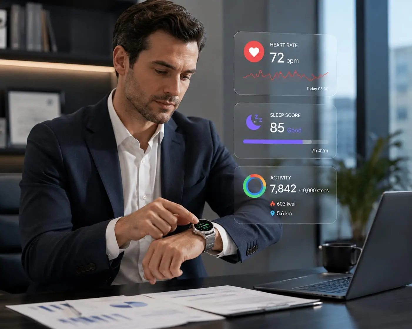 Man checking health data on a stainless steel smartwatch