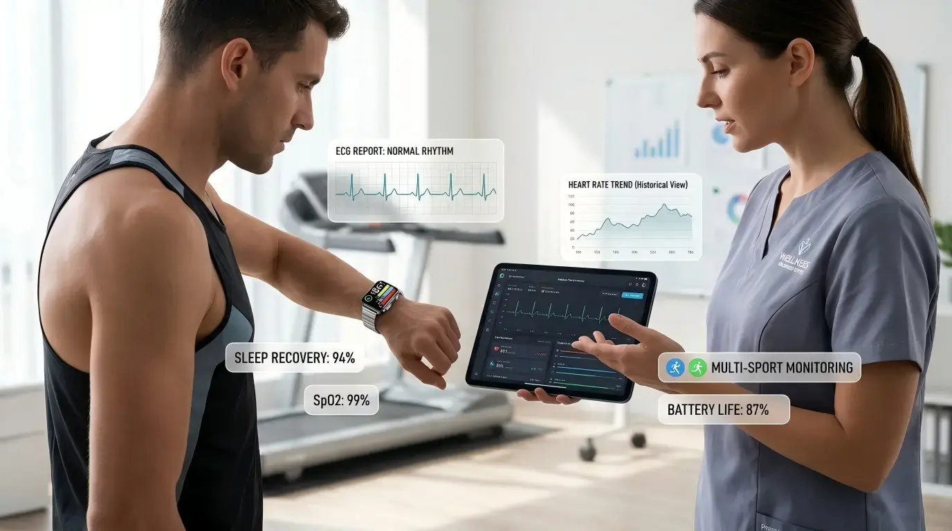 Coach reviewing ECG Sport Watch data with user. Coach reviewing ECG Sport Watch data with user.