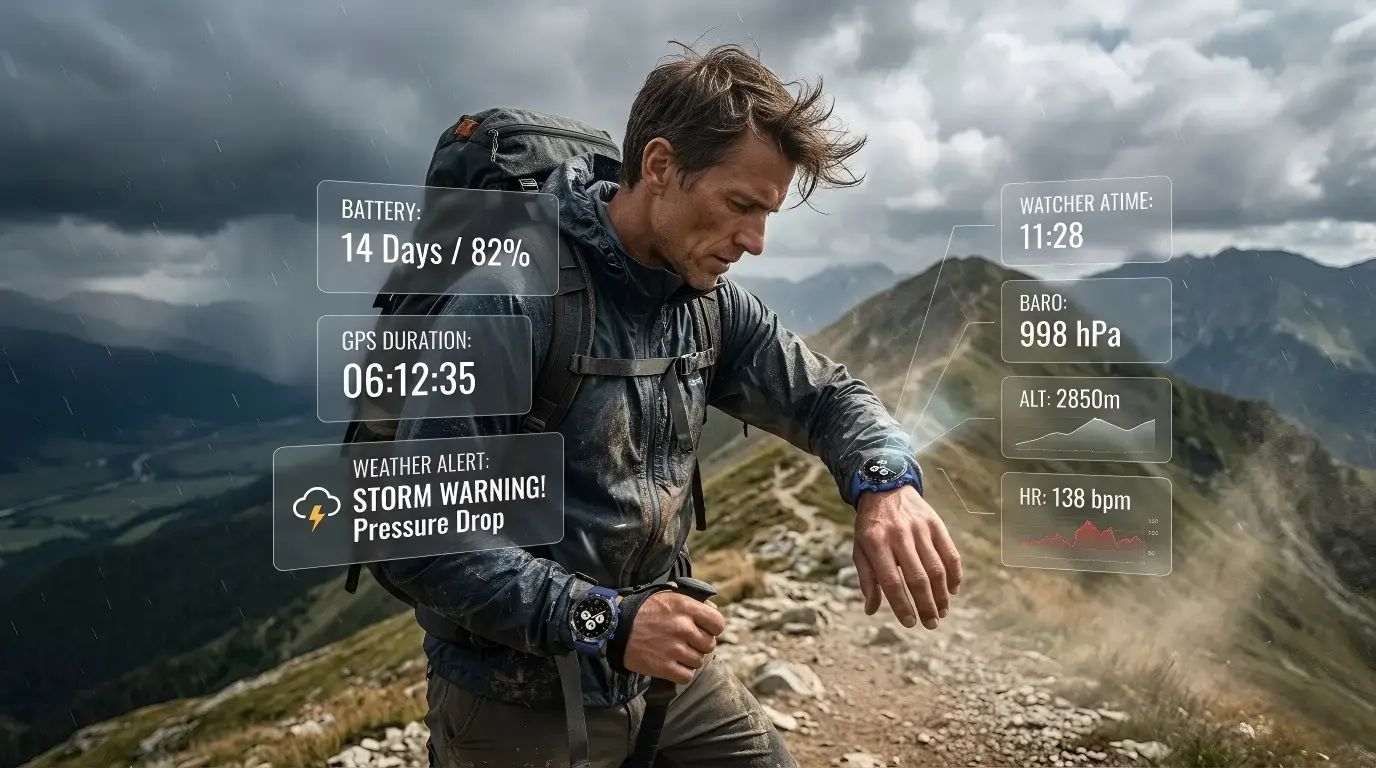 Hiker checking battery and weather data on GPS Outdoor Smartwatch Hiker checking battery and weather data on GPS Outdoor Smartwatch