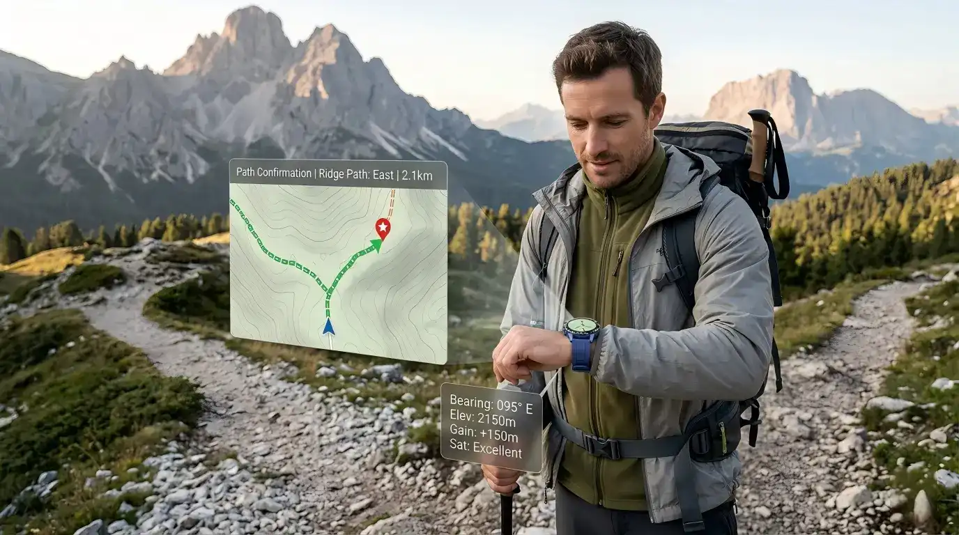 Hiker checking route guidance on Hiker checking route guidance on GPS Outdoor Smartwatch Hiker checking route guidance on Hiker checking route guidance on GPS Outdoor Smartwatch