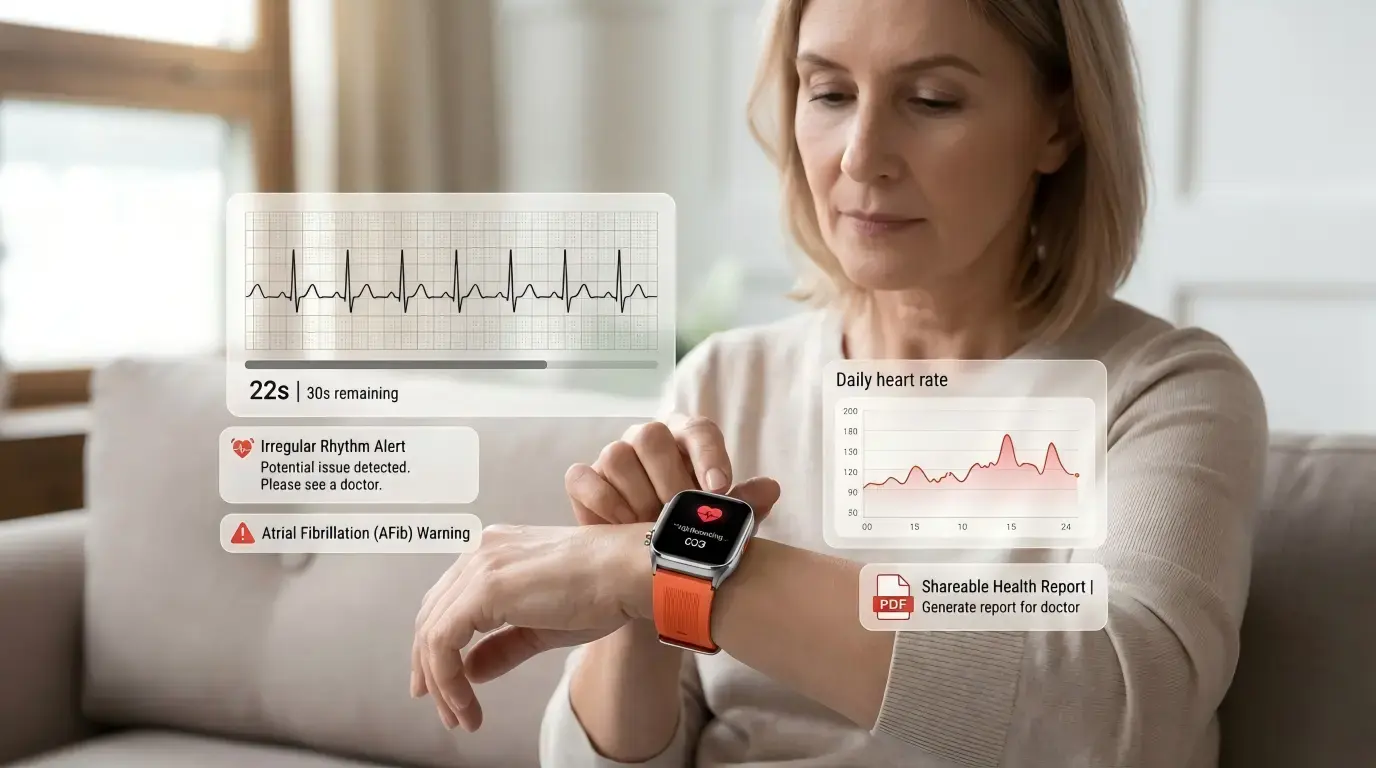 User recording ECG rhythm on smartwatch. User recording ECG rhythm on smartwatch.