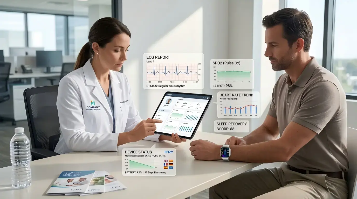 Clinician reviewing ECG smartwatch health data.