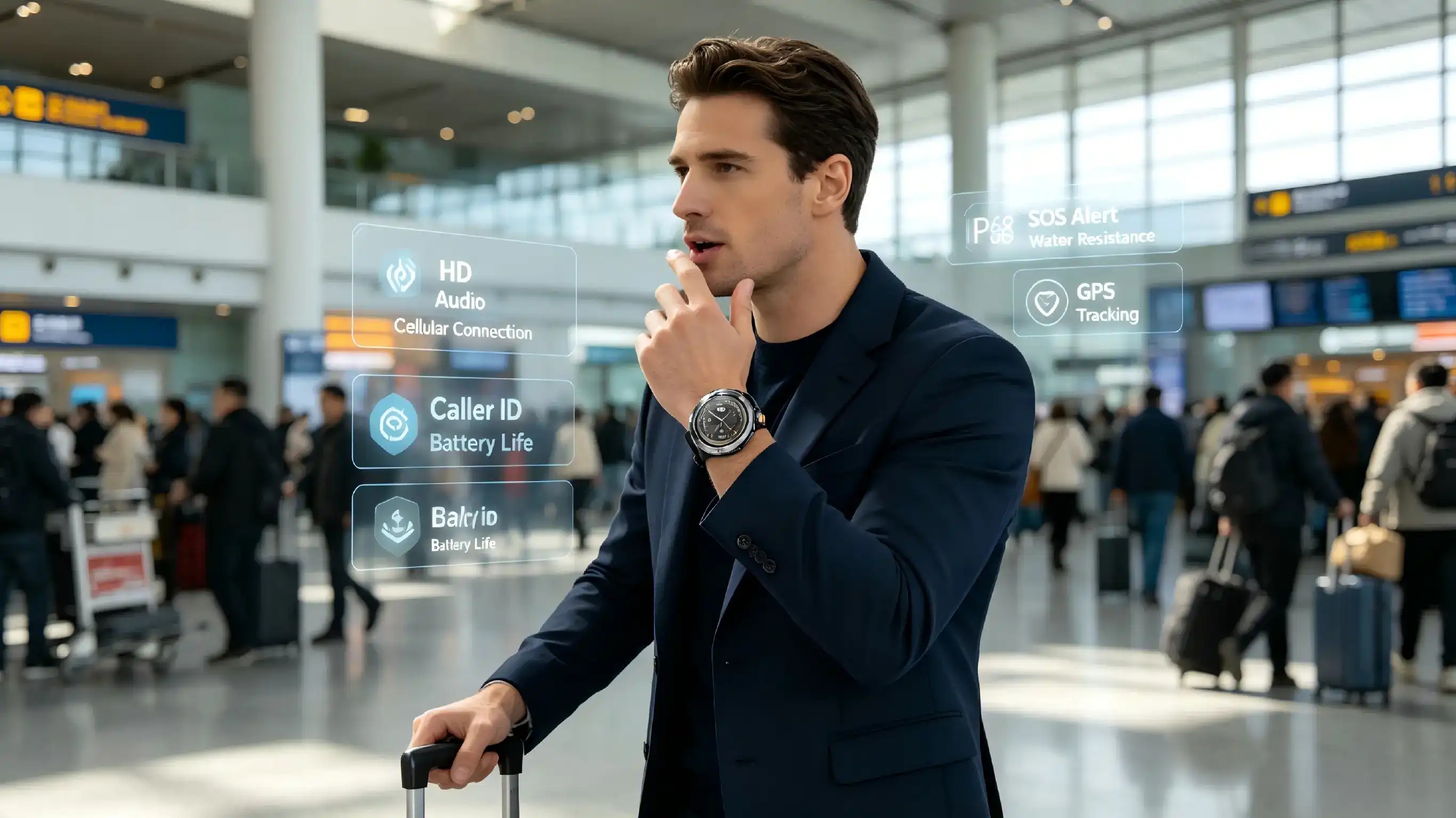 Professional taking a call directly from a voice call watch.