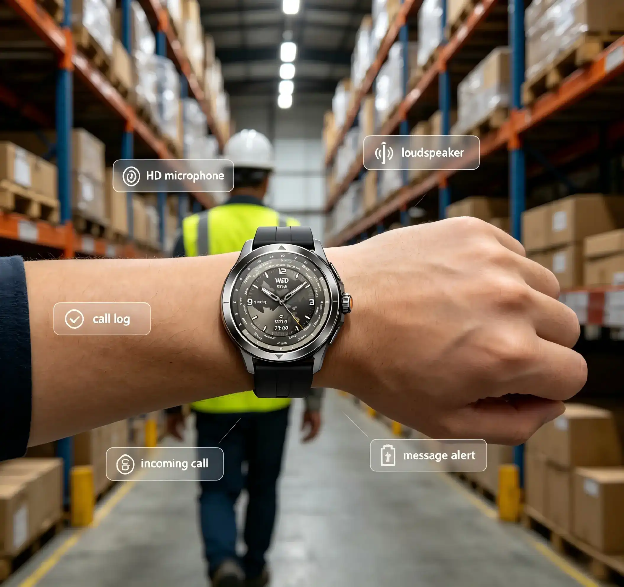 Worker answering calls hands-free with a voice call watch. Worker answering calls hands-free with a voice call watch.