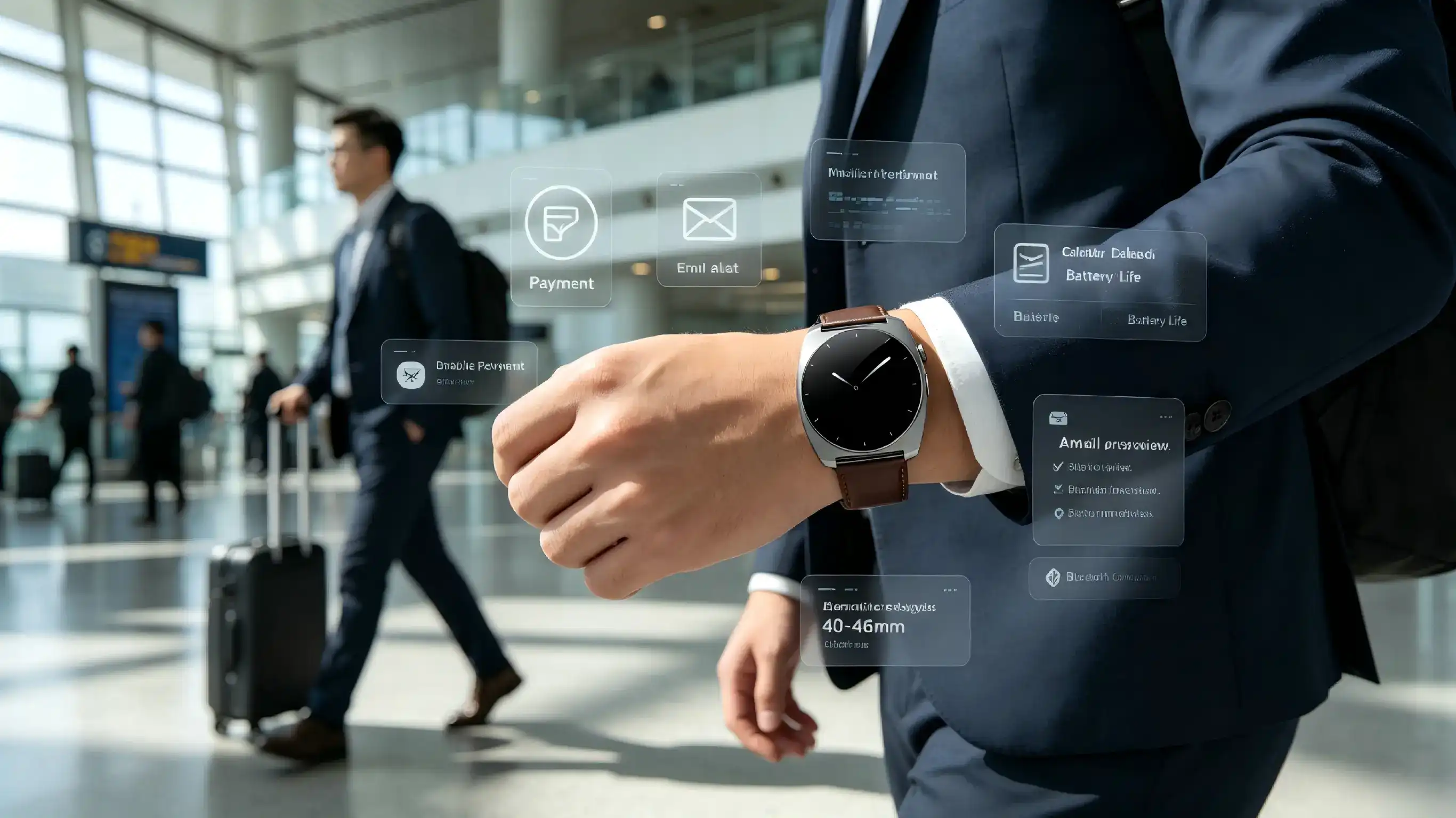 Business traveler using watch for payment and reminders. Business traveler using watch for payment and reminders.
