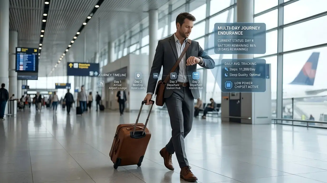 Traveler using a long battery life smartwatch during a multi-day trip. Traveler using a long battery life smartwatch during a multi-day trip.