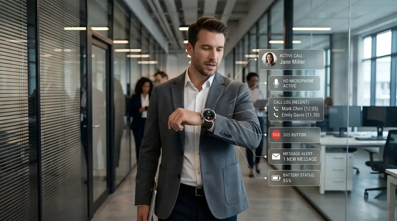 Business professional taking a call on a voice watch. Business professional taking a call on a voice watch.