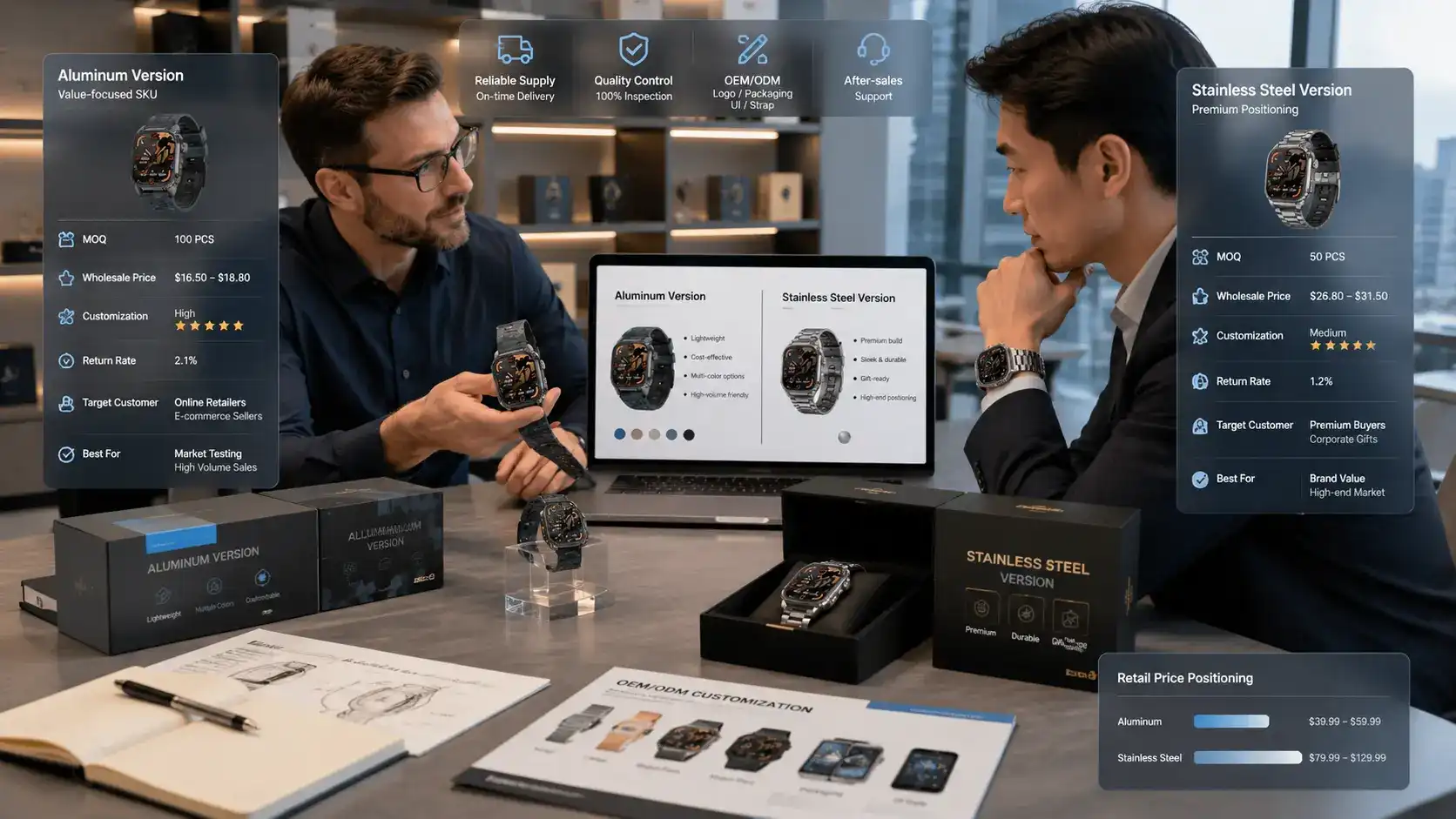 Business buyer evaluating aluminum and steel smartwatch product lines. Business buyer evaluating aluminum and steel smartwatch product lines.