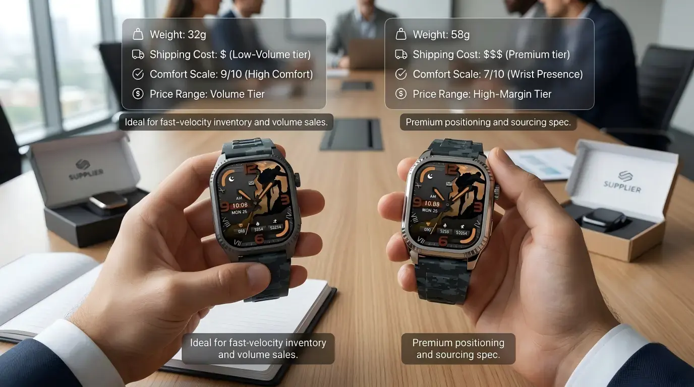 Buyer comparing lightweight aluminum and premium steel smartwatch. Buyer comparing lightweight aluminum and premium steel smartwatch.