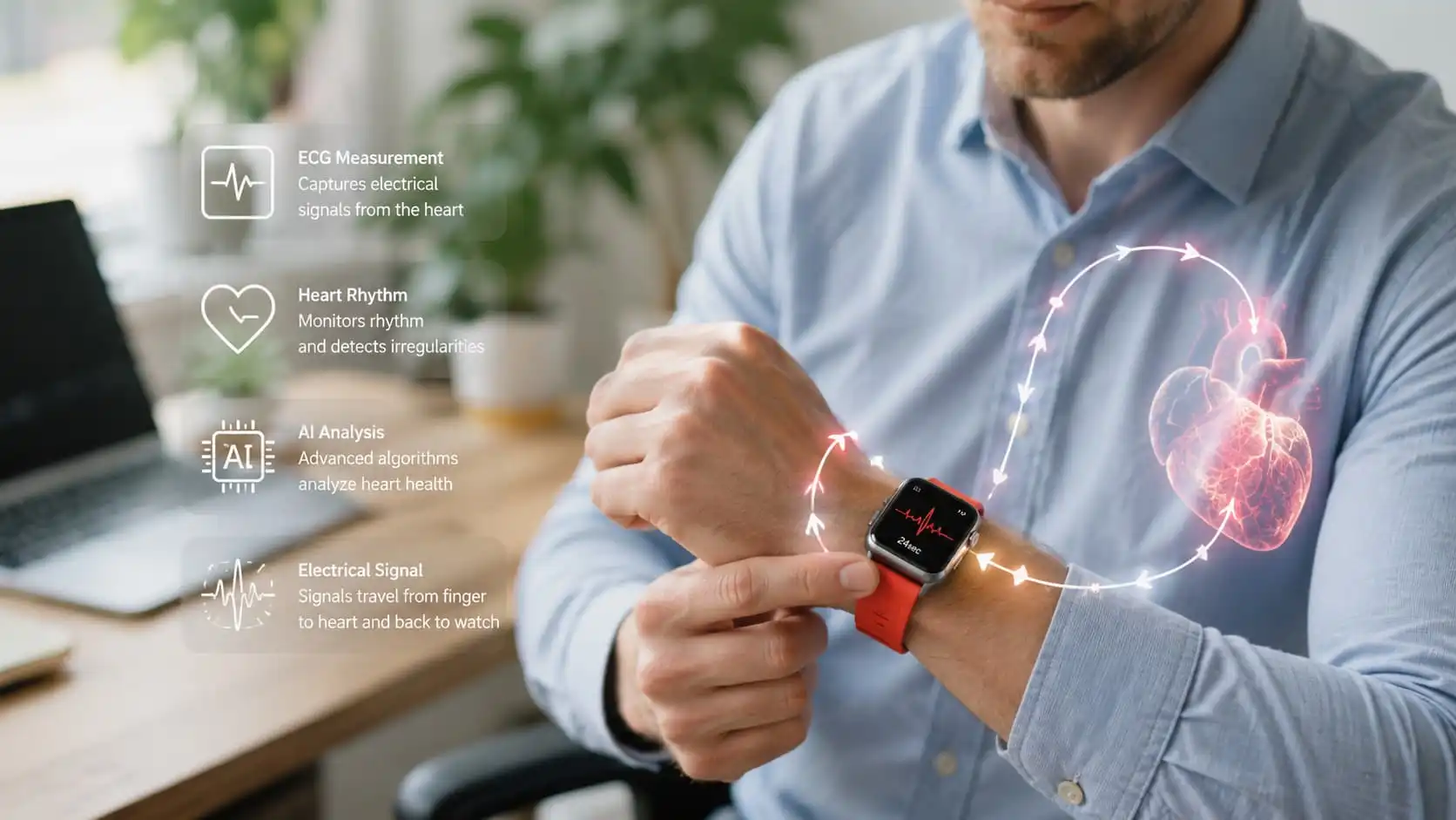 ECG Health smartwatch measuring heart electrical activity through finger contact.
