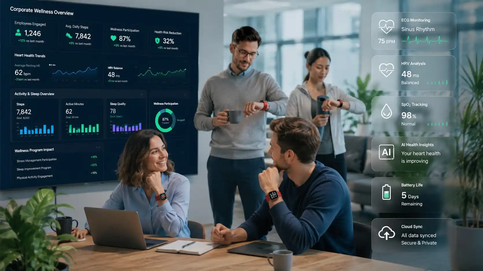 Employees using ECG smartwatches in a corporate wellness program.