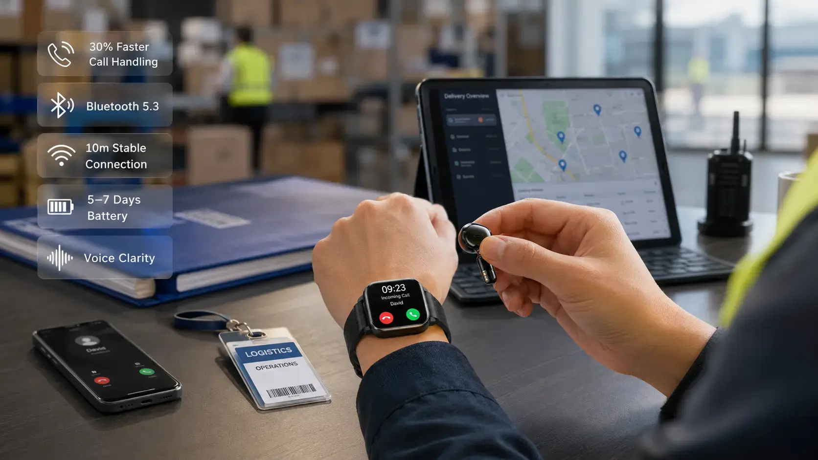 Busy professionals making calls on a 2-in-1 smartwatch. Busy professionals making calls on a 2-in-1 smartwatch.