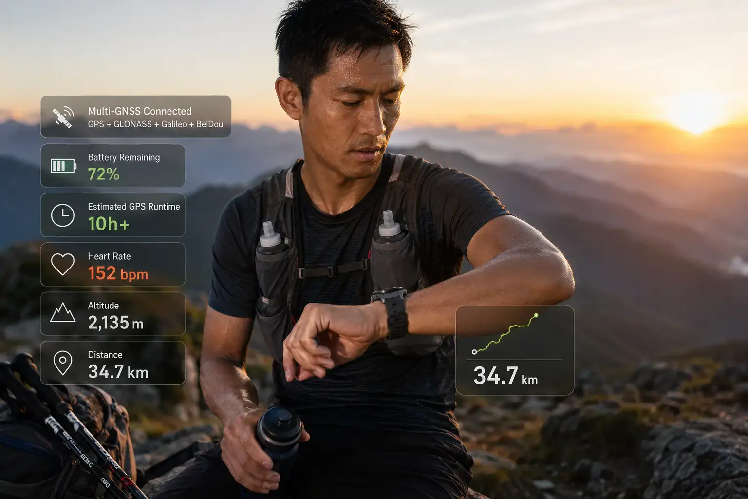 Athlete checking GPS smartwatch battery during trail run