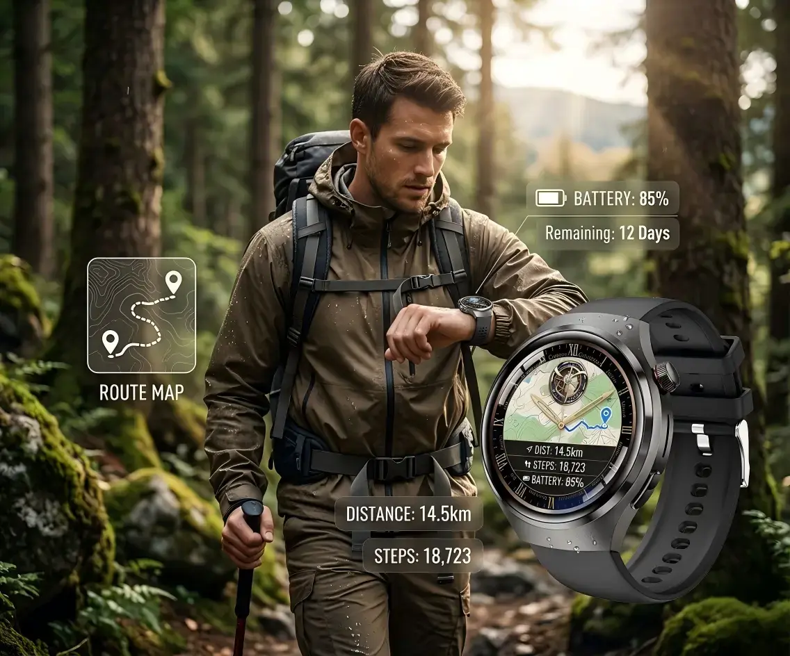 Hiker tracking GPS route and activity with a waterproof endurance smartwatch Hiker tracking GPS route and activity with a waterproof endurance smartwatch