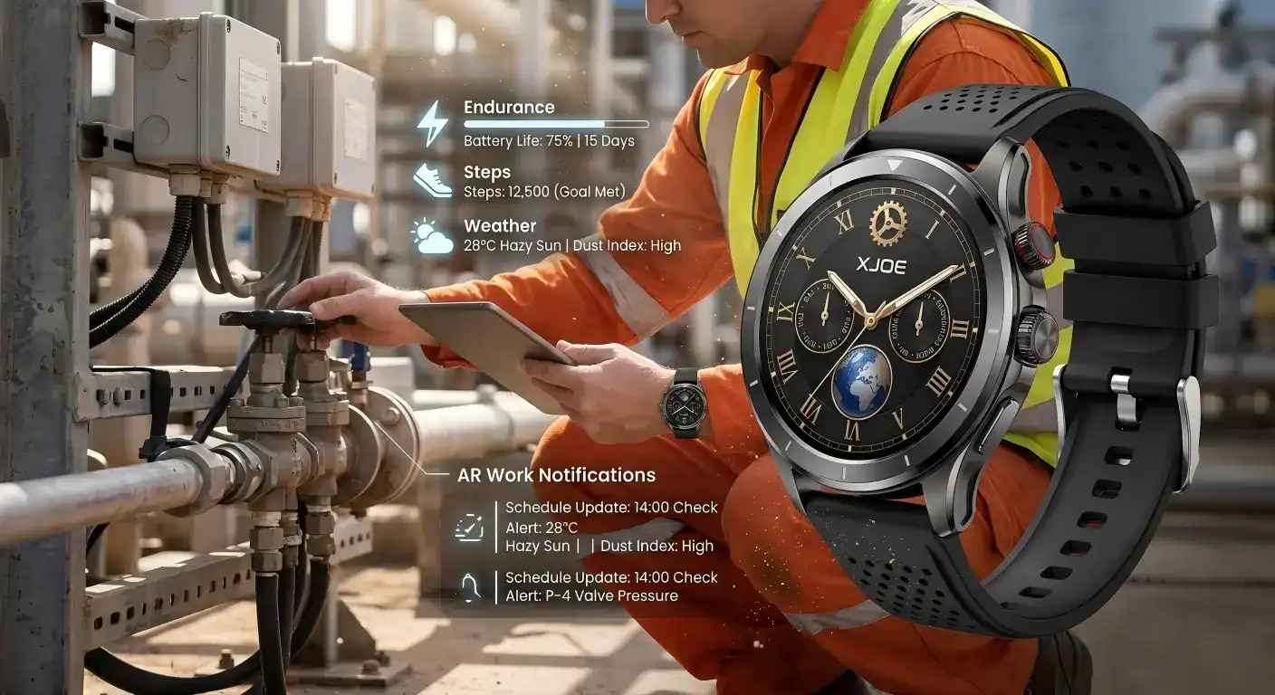 Field engineer using a durable waterproof smartwatch at an industrial worksite Field engineer using a durable waterproof smartwatch at an industrial worksite