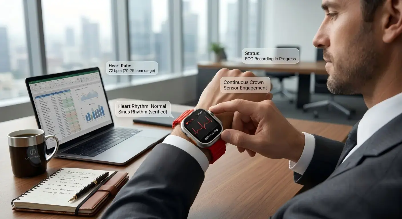 Professional using ECG smartwatch for heart rhythm monitoring