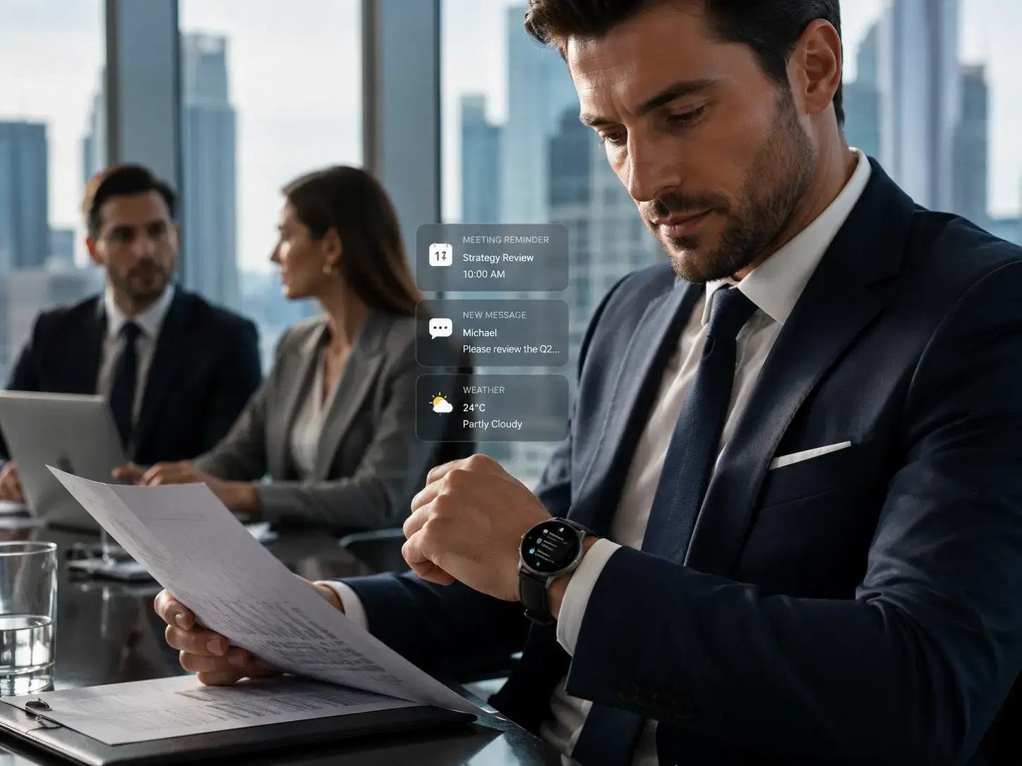Professional businessman wearing a premium business smartwatch during an executive meeting Professional businessman wearing a premium business smartwatch during an executive meeting