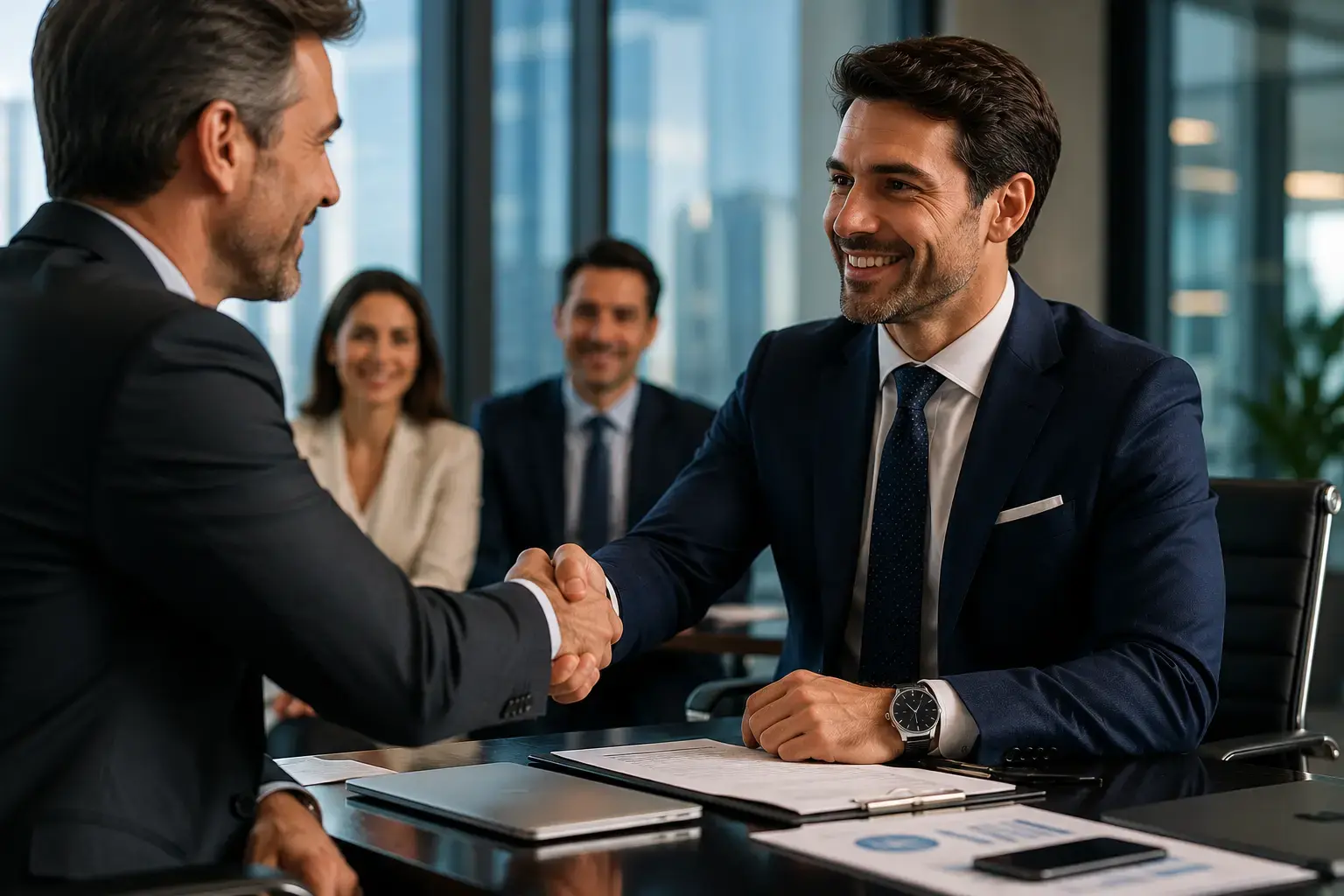 Business executive wearing a professional smartwatch during a client meeting Business executive wearing a professional smartwatch during a client meeting