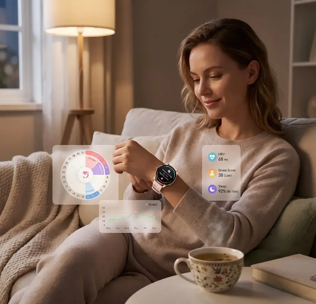 Woman tracking stress levels, HRV, and menstrual cycle data with a wellness smartwatch. Woman tracking stress levels, HRV, and menstrual cycle data with a wellness smartwatch.