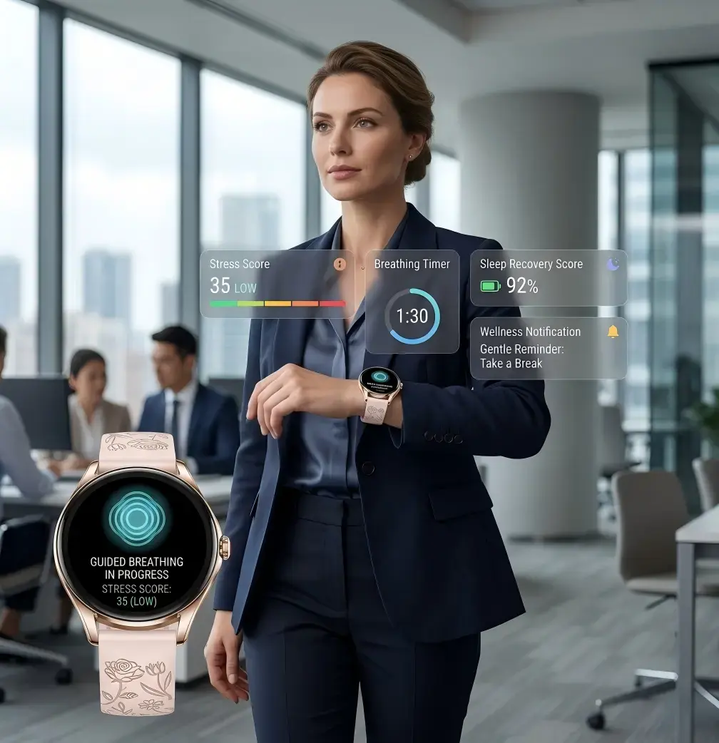 Businesswoman using a mental health smartwatch for workplace stress management and wellness tracking. Businesswoman using a mental health smartwatch for workplace stress management and wellness tracking.