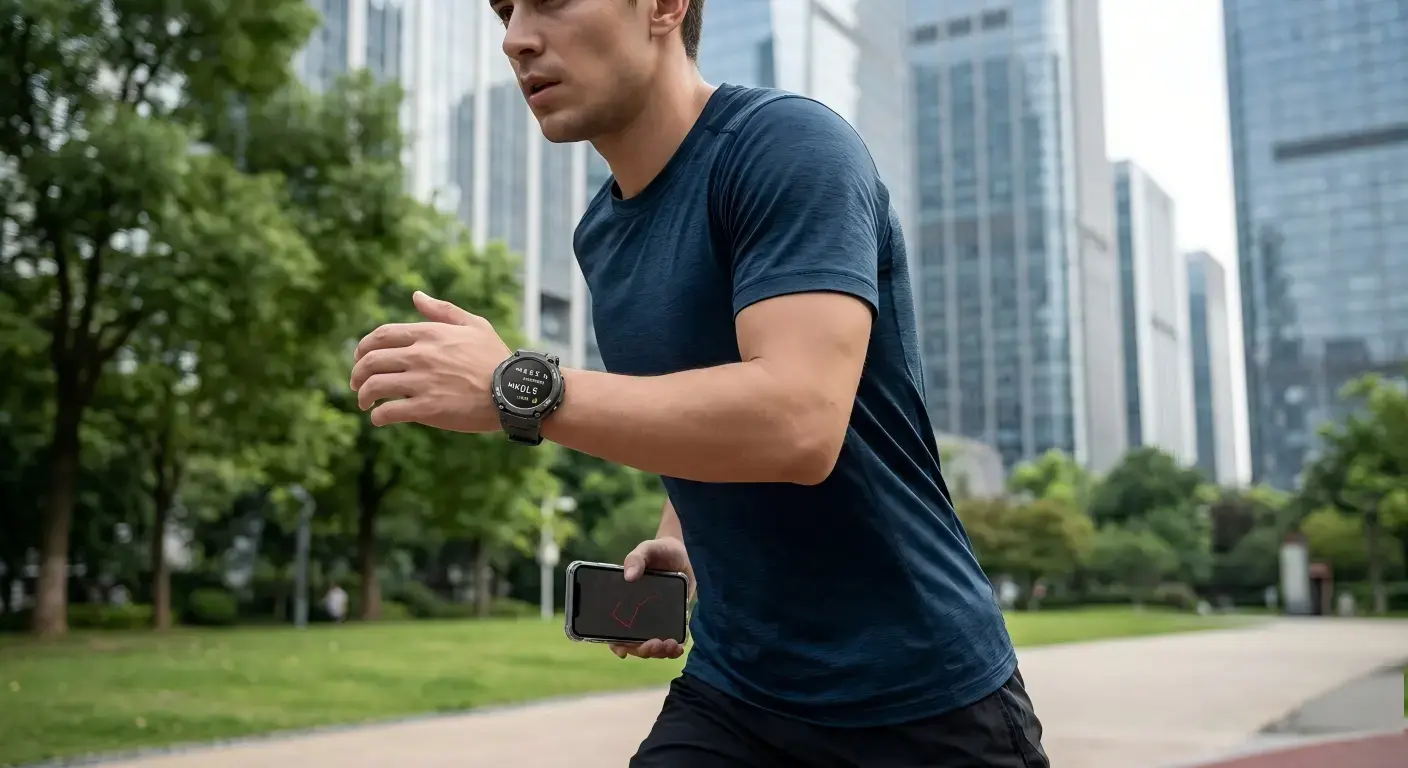 Runner using GPS smartwatch for real-time outdoor distance and pace tracking