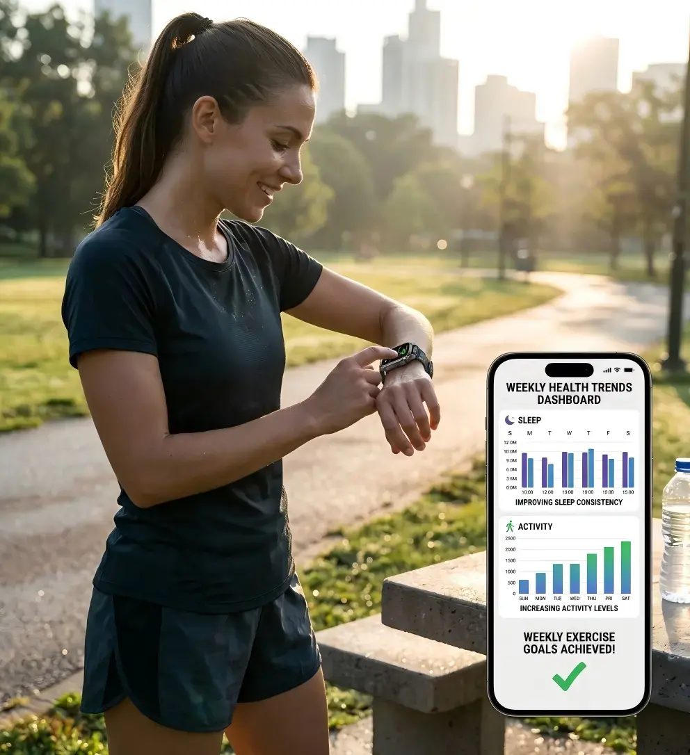 Aluminum smartwatch tracking fitness recovery and long term health progress