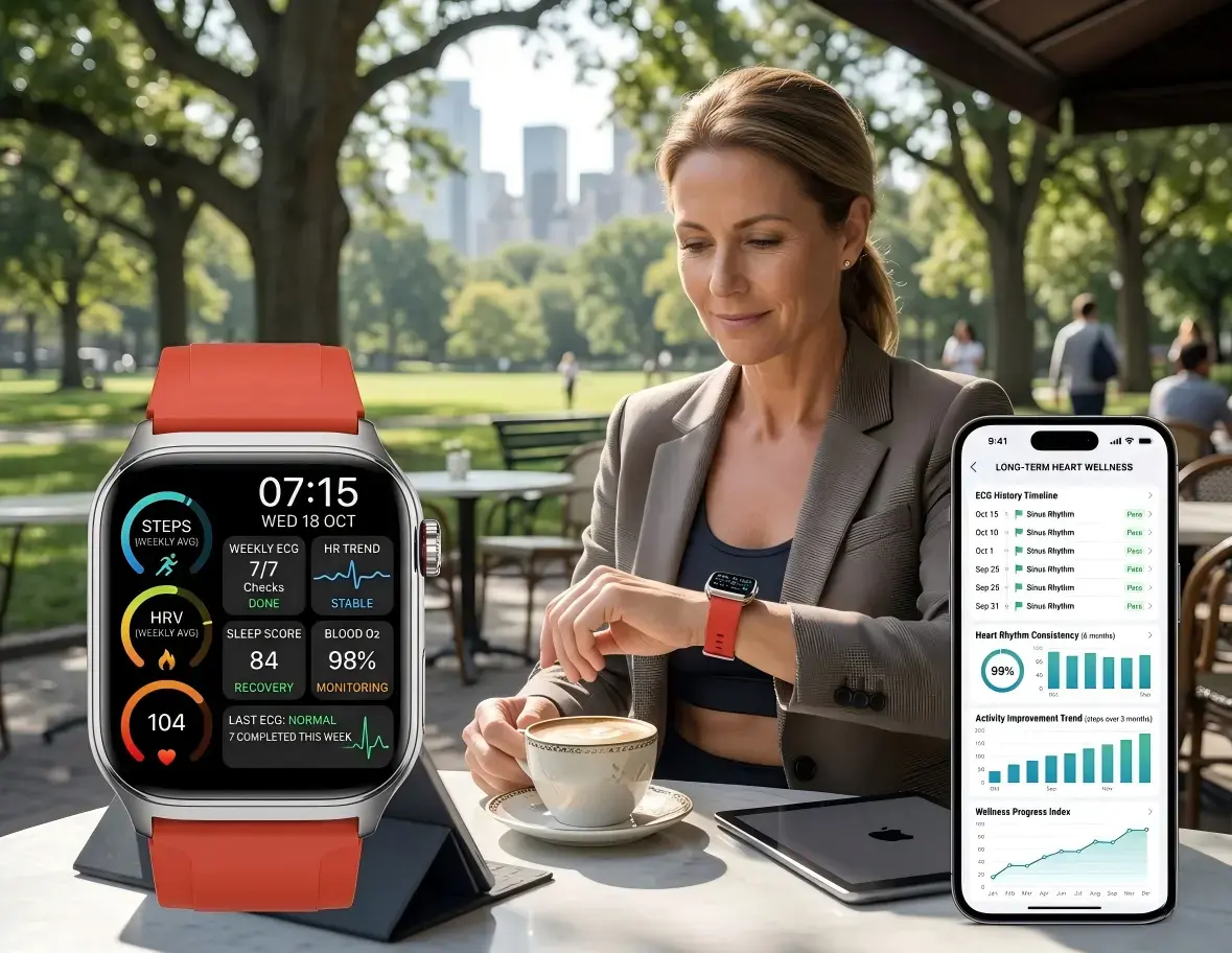 ECG smartwatch supporting long term heart health monitoring and wellness tracking