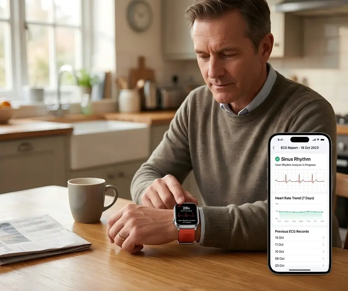 User performing ECG measurement with smartwatch at home