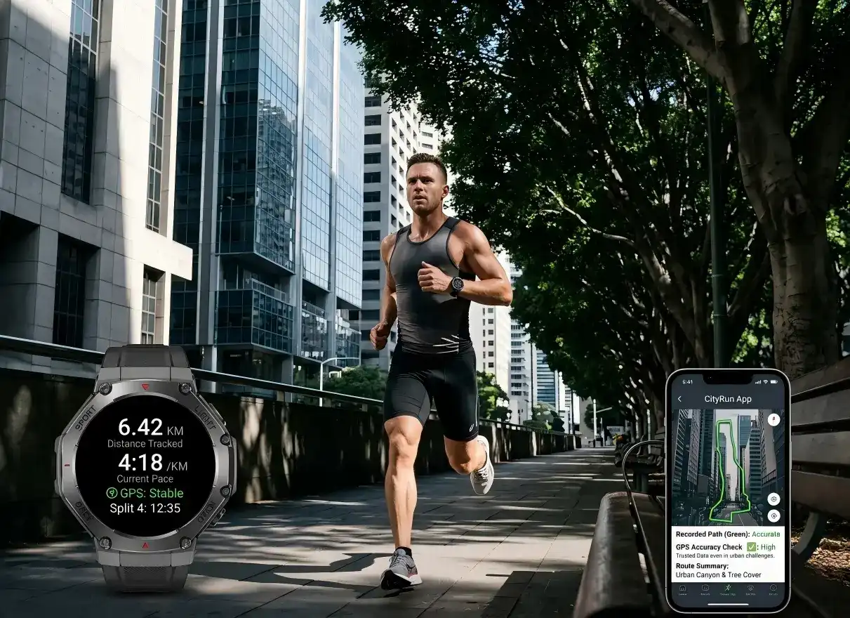 GPS smartwatch tracking route and pace in a city training run