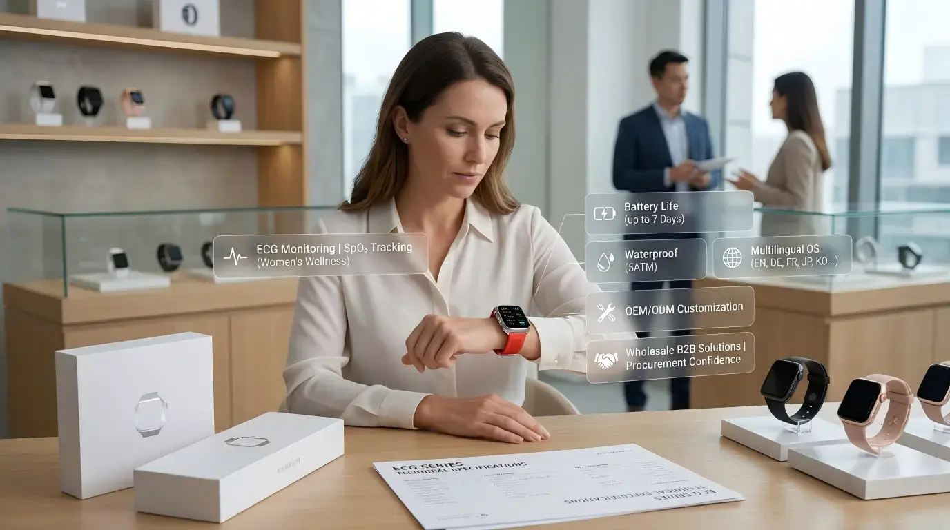 Business buyer evaluating ECG health smartwatch for women.