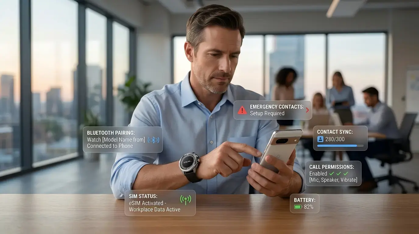 User pairing a voice call watch with a smartphone.