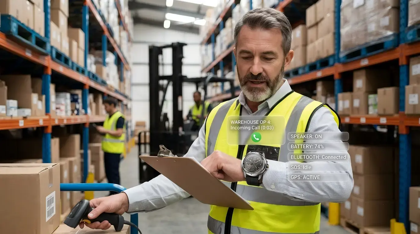 Worker using a voice call watch hands-free during work.