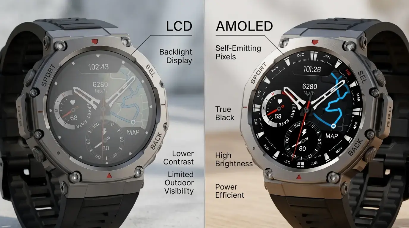 AMOLED and LCD smartwatch visibility comparison. AMOLED and LCD smartwatch visibility comparison.