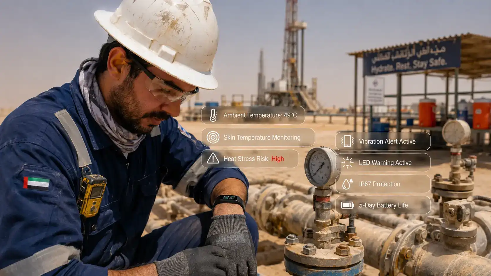 Heat warning band alerting oilfield worker. Heat warning band alerting oilfield worker.