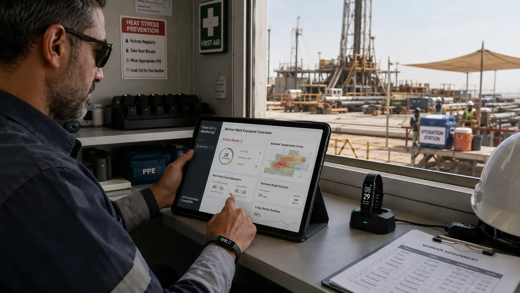 Safety manager monitoring oilfield heat exposure data. Safety manager monitoring oilfield heat exposure data.