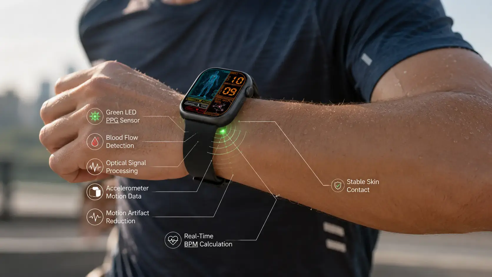PPG smartwatch sensor measuring heart rate. PPG smartwatch sensor measuring heart rate.