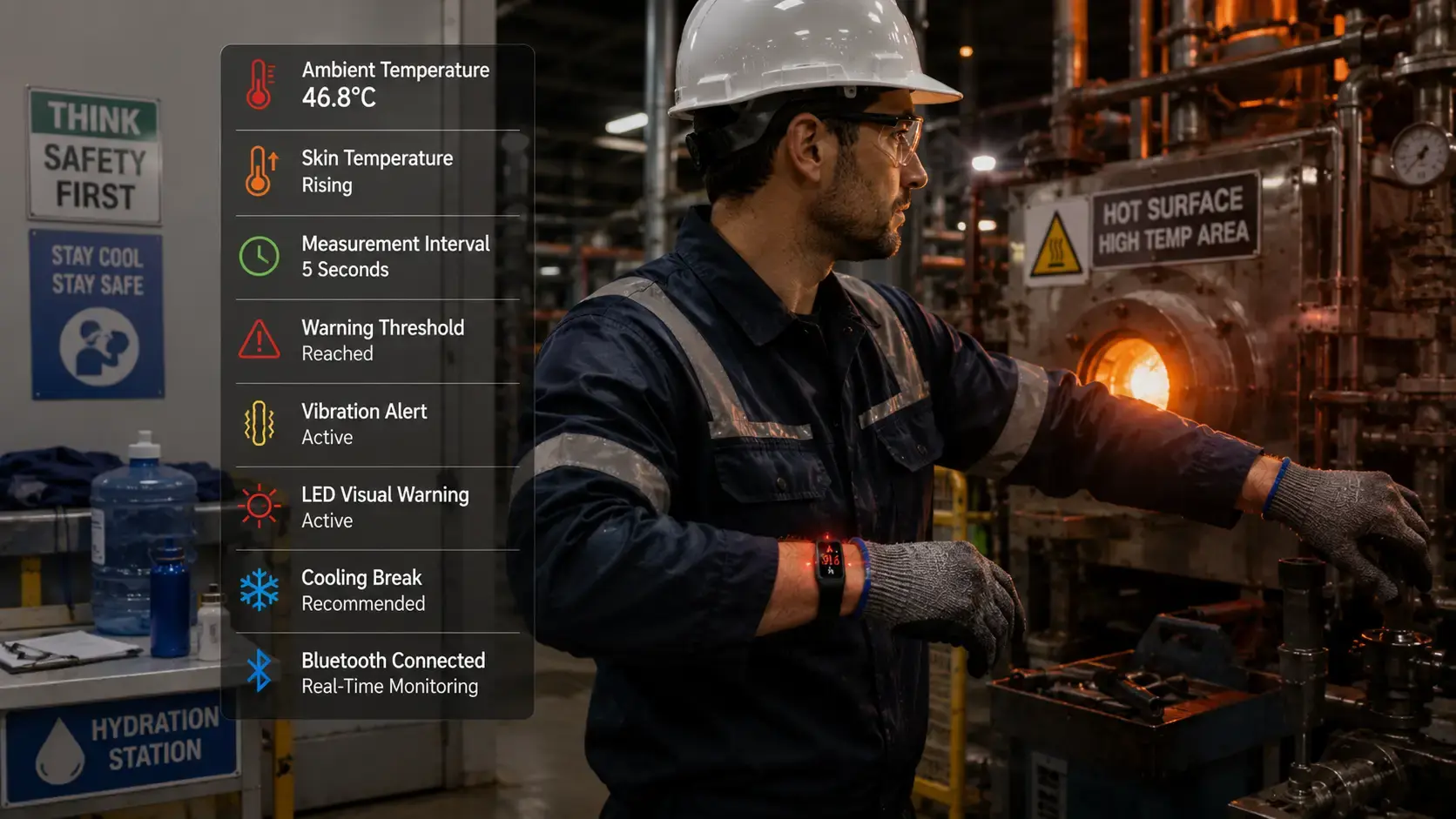 Temperature warning band alerting factory worker. Temperature warning band alerting factory worker.