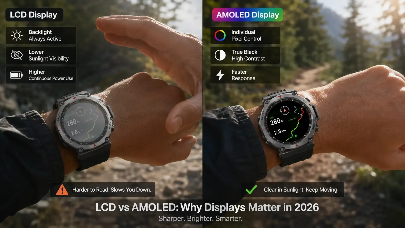 AMOLED and LCD smartwatch outdoor visibility comparison. AMOLED and LCD smartwatch outdoor visibility comparison.